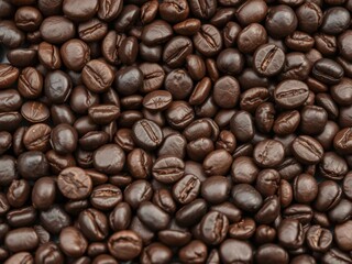 Obraz premium Close-up of coffee beans arranged in a heart shape with scattered coffee beans in the background, beverage, aromatic