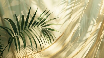 Obraz premium Simple summer background with blurred sunlight shadow of palm leaves on beige curtain