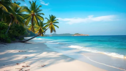 Papier peint photo  The sound of gently lapping waves fills the air as the sun rises over a serene tropical beach with crystal-clear waters, clear, tranquil  © Sujid