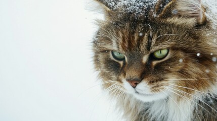 Serious Fluffy Cat in Snow with Sorrowful Expression