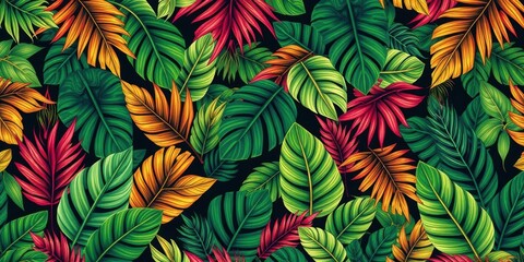 Trendy seamless tropical pattern featuring lush exotic leaves and plants from the jungle, pattern, tropical leaves