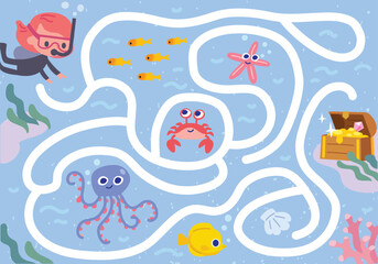 Find sunken treasures puzzle game. Girl diving to find treasures. Vector colorful maze for children with underwater world cartoon animal characters. Kids maze with way passing through marine world.  © olgache