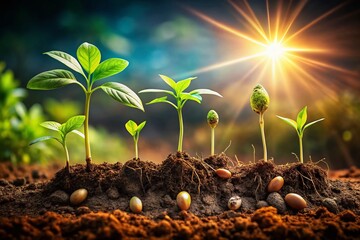 A New Life in the Soil: The Journey of Seeds Transforming into Vibrant Plants Underneath the Earth, Representing Growth and Renewal in Nature's Cycle