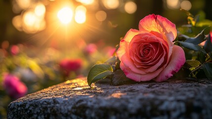 Beautiful Pink Rose in Sunlit Garden at Sunset