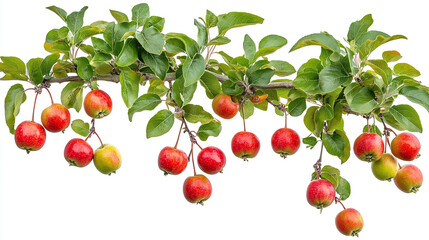 Obraz premium Apple tree plant branches with ripe red apple fruits hanging and green leaves, organic fresh food garden growing agriculture, isolated on white background.