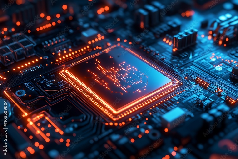 Poster high tech cpu chip on circuit board. concept of advanced technology, computing, and innovation.