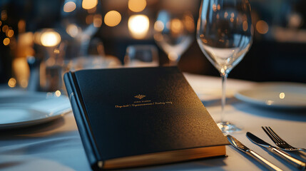 Black and golden elegant luxury restaurant menu book cover. prestigious dinner food drink catalog on the table. deluxe premium vip elegance.