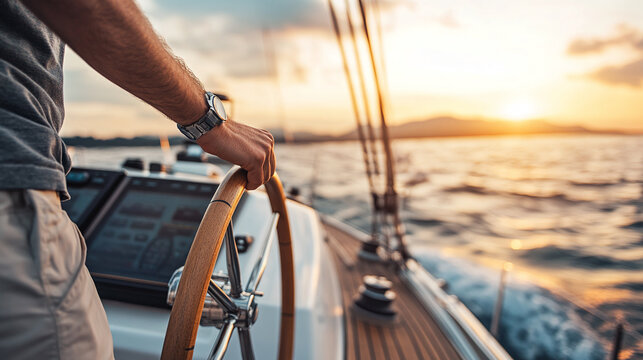 Closeup man ship captain holding his hand on wooden rudder helm wheel, sea or ocean water waves sunset. nautical sailor boat, professional navigator crew, steering, deck.