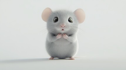 Adorable 3D-rendered grey mouse with big eyes, sitting on a white background, looking surprised or curious.