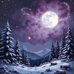 Fototapeta premium A dreamy night in a snowy forest under a cosmic sky, digital art of fantasy landscape concept.
