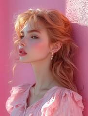 Fototapeta premium A young woman with soft waves in her hair stands against a playful pink wall. The sunlight highlights her natural beauty, enhancing the colors of her outfit and surroundings