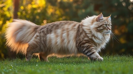 Majestic Siberian Cat Walks Gracefully in Natural Setting