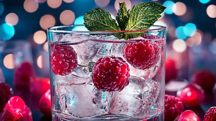 Refreshing raspberry and mint cocktail served with ice in a stylish glass, perfect for summer gatherings and events