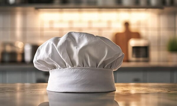 A chef's hat sits on a counter in a kitchen