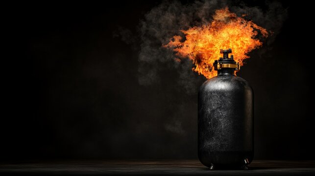 Burning propane tank on dark background.