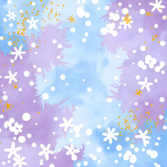 Naklejka premium A playful palette of flowers and dots in soft blues and purples, digital painting of abstract floral concept.