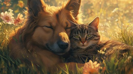 Cozy Companions: Dog and Cat Enjoying Nature Together