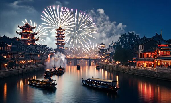 A city with a river and fireworks in the background