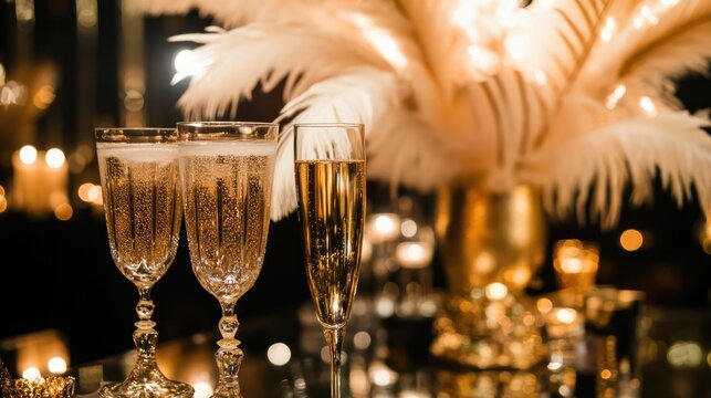 Vintage Gatsby-inspired party decor with lavish gold art deco designs, feather accents, and champagne flutes - Powered by Adobe