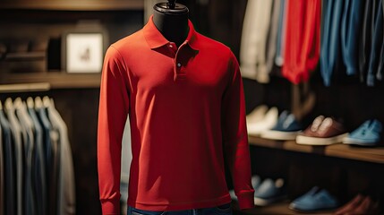 Fototapeta premium Red Long Sleeve Polo Shirt for Men Displayed in Store