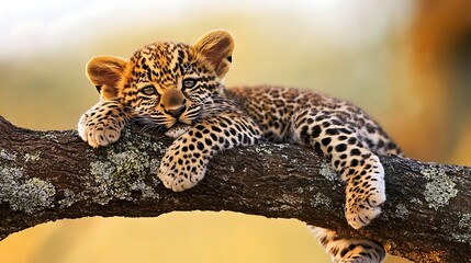 Adorable leopard cub resting on a tree branch in a natural habitat.