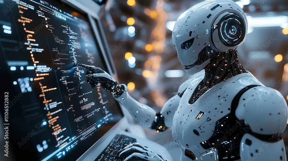 Poster a humanoid robot is working on a computer, in a futuristic style with a white color tone