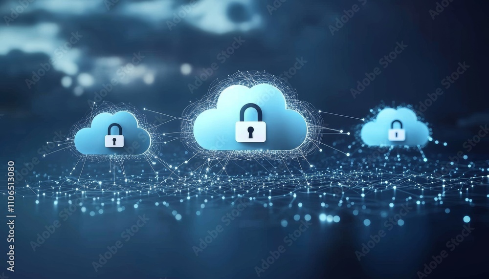 Poster cloud storage security concept with lock icons on blue gradient background