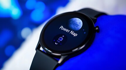A sleek smartwatch displaying a 'Power Nap' feature against a dreamy blue background.