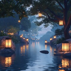 Tranquil Evening with Floating Lanterns on Water