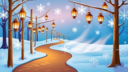 Obraz premium Winter Wonderland Path Illuminated By Lanterns