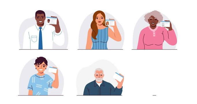 People with id set. Moving banner with men and women with drivers licence. Permession and identification. Avatars and photos for personal document. Cartoon flat animated graphics