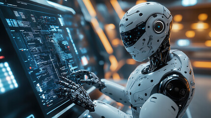 A humanoid robot is working on a computer, in a futuristic style with a white color tone