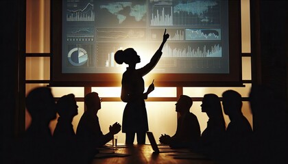 A silhouette of someone pointing at a screen during a meeting, silhouette, action photography, aesthetics,