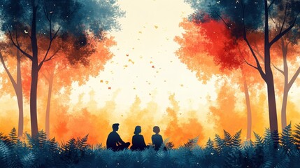 Fototapeta premium Serene Autumn Gathering: Silhouettes of Friends Enjoying Nature's Beauty Amidst Vibrant Fall Foliage and Softly Falling Leaves in a Calm Forest Setting