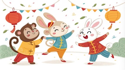Unity in Dance A lively scene shows a group of cheerful zodiac animals including a spirited monkey and a joyful rabbit engaging in a traditional dance circle. Their colorful