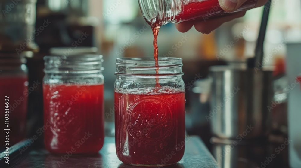 Poster Brightly colored juice is poured into mason jars as a person utilizes AI technology for guidance. The kitchen is warm and inviting, highlighting the enjoyable process of making fresh juice.