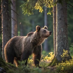 Obraz premium A brown bear stands in a lush forest under a cloudy sky, surrounded by trees and greenery