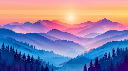 Obraz premium Vibrant sunset over a majestic mountain range, showcasing colorful peaks and valleys shrouded in mist, with a foreground of dark evergreen trees.