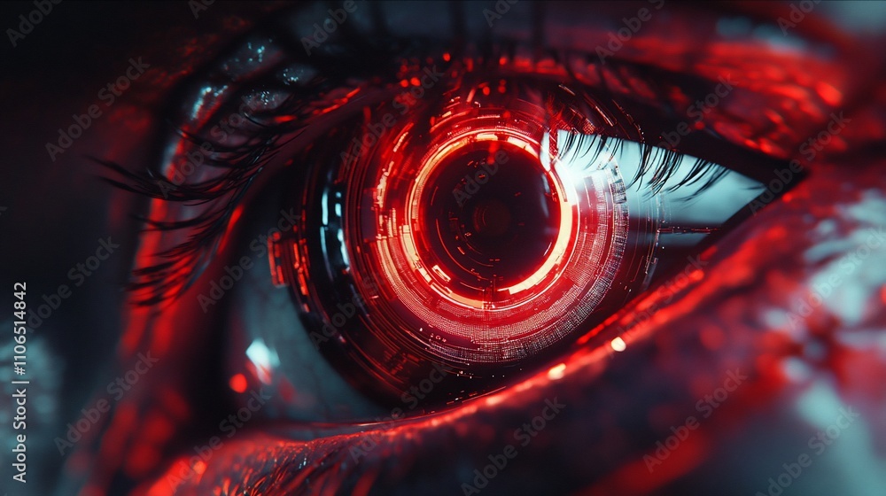 Aufkleber close-up of a futuristic eye with glowing red iris.