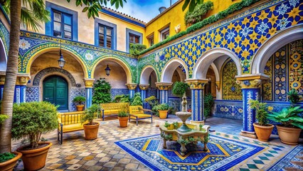 Obraz premium Architectural Beauty of Mediterranean Patterns in Blue and Yellow: A Stunning Visual Journey Through Vibrant Tiles and Intricate Designs in Classic Structures