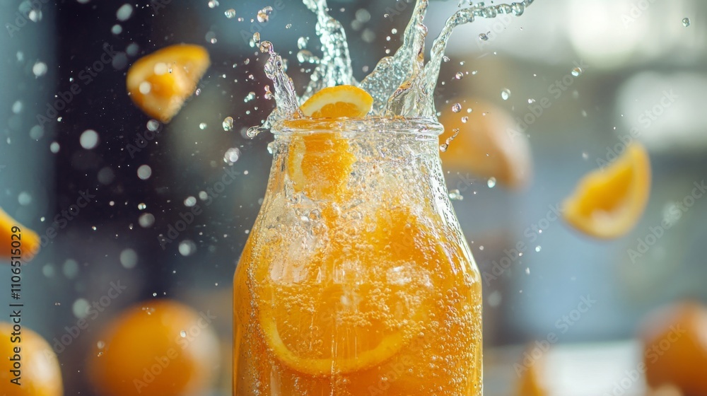 Poster Fresh orange slices are splashing into a jar filled with juice, creating dynamic water droplets. Bright sunlight illuminates the kitchen, enhancing the lively atmosphere of juice making.