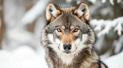 A wolf stands in a snowy forest and looks intently at the camera.