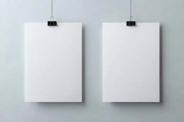 Realistic blank white posters hanging on clips against light gray background