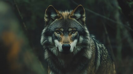 Fototapeta premium A wolf with piercing eyes stares intensely at the camera from behind a bush of green leaves.