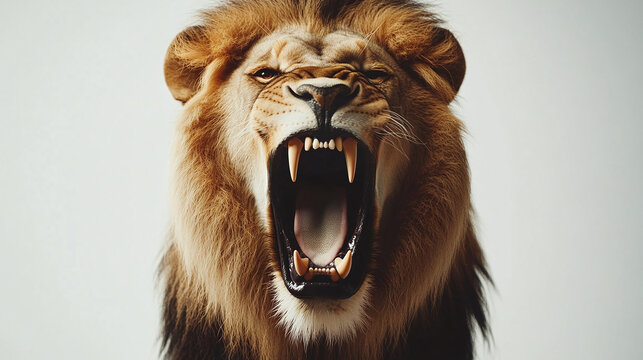 Closeup front view portrait of roaring lion head face, open mouth, jaw, big teeth, isolated on white background. wild cat king animal, mane, strength and power, dangerous safari predator hunting.