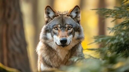 Obraz premium A wolf sits in a forest and stares at the camera with soft eyes.