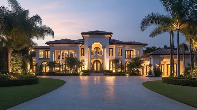Empty driveway in front of the big white luxury dream house in the evening. residential home building exterior, expensive dwelling, wealthy rich family property and yard. glowing mansion prestige.