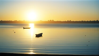 Fototapeta premium Golden hour beach beauty, serene fishing boat and captivating horizon