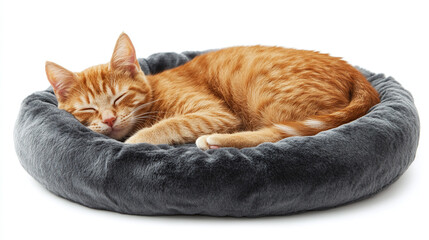 Fototapeta na wymiar Orange cat sleeping in comfortable soft bed isolated on white background. domestic pet animal relax and rest at home, kitty kitten lying on fluffy pillow, cozy bedding basket, fur, nap, tired.