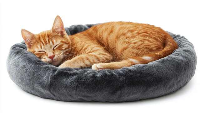 Orange cat sleeping in comfortable soft bed isolated on white background. domestic pet animal relax and rest at home, kitty kitten lying on fluffy pillow, cozy bedding basket, fur, nap, tired. - Powered by Adobe